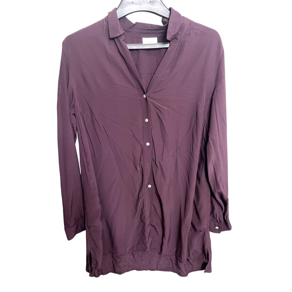 J. Jill Womens Tunic Top Size M Button V Neck Long Sleeve Wine Pockets Collared